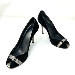STUART WEITZMAN black suede, snakeskin, peep toe heels, made in Italy, size 8.5